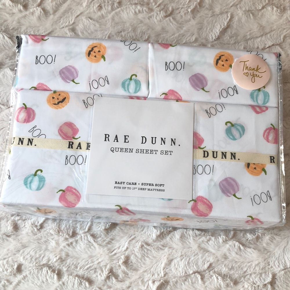 Rae Dunn BOO Halloween Pastel Pumpkins Jack O Lantern Sheet Set - QUEEN
